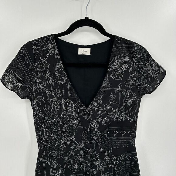 ARITZIA Wilfred Black White Floral Print Button Up Short Sleeve V-Neck Dress 2 - Picture 3 of 6